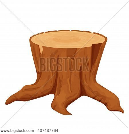 Stump Of Tree, Detailed Drawing In Cartoon Style Isolated On White Background. Log, Outdoor Forest C