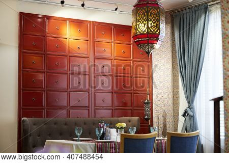 Nur-sultan, Kazakhstan: January 04, 2021 - Served Table In The Cafe With Glasses And Beverages