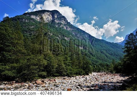 River Bed Of The Verzasca River With Dramatic Landscape In Ticino, Switzerland
