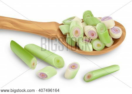 Fresh Lemongrass Slices In Wooden Spoon Isolated On White Background With Clipping Path And Full Dep