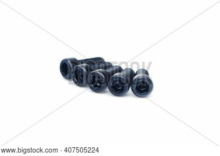 Group Of Black Hex Screws With Hex Cap Head Close Up Isolated On White Background