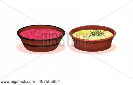 Soups Served In Ceramic Bowl And Garnished With Potherb Vector Set