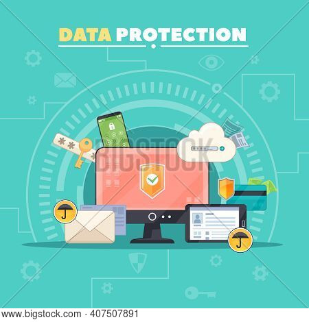 Computer Communications Safety And Private Data Protection Flat Composition Poster With Antivirus So