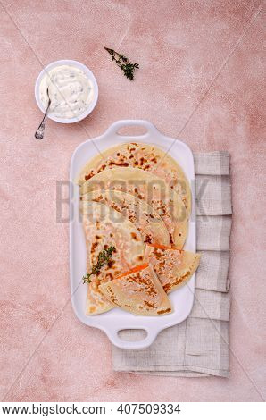 Baked Bread With Vegetable Filling On A Stone Background. Selective Focus.