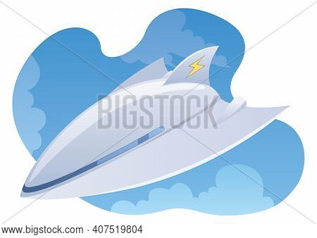Vector Illustration Of Electric Plane Flying High In The Sky.