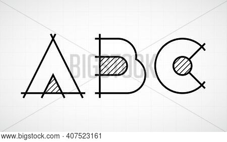 Architech Font. Letters Abc. Graphic Black And White Alphabet. Linear Drawing Alphabet For Banners, 