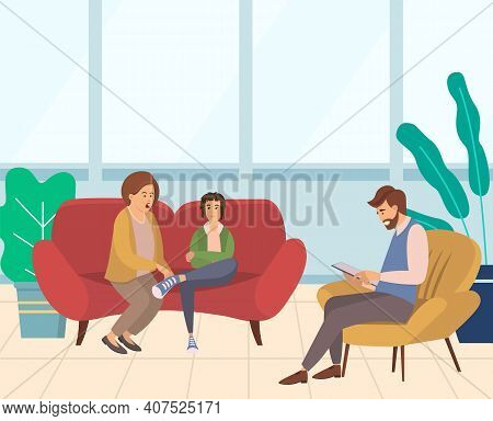 Conversation Between Mother, Teenager And A Man Psychologist Or Psychotherapist Makes Notes In A Not