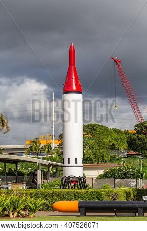 Pearl Harbor, Hawaii, Usa - September 23, 2018: Red Tipped Us Navy Polaris Ballistic Missile On Disp