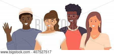 Group Of Young People Of Different Nationalities On White Background. Smiling Man And Woman Standing