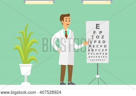 Optometrist Points To The Table For Testing Visual Acuity. A Doctor In A White Coat Checks The Patie