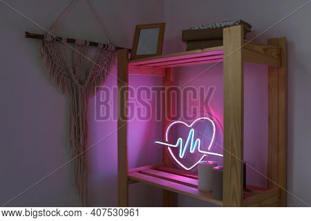 Neon Sign Pink And Blue Heart In The Decor Of The Home. Trendy Style. Neon Sign. Custom Neon. Home D