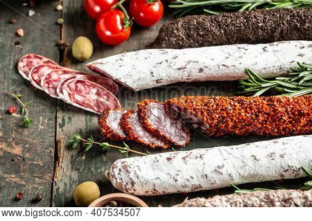 Fuets Catalan Dry Sausages. Set Of Spanish Sausages And Dry Cured Meat Chistorra, Chorizo, Salchicho