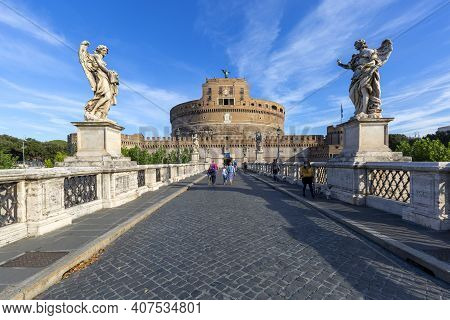 Rome, Italy - October 9, 2020: 2nd Century Castle Of Saint Angel, Mausoleum Of Roman Emperor Hadrian