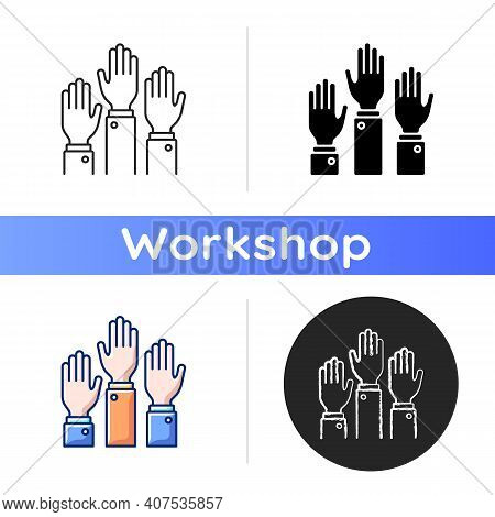 Participation Icon. Taking Part In Proffesional Workshops. Active Position. Hands Raised Up. Trainin