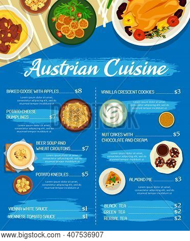 Austrian Cuisine Restaurant Dishes Menu Page Template. Baked Goose With Apples, Potato Dumplings And