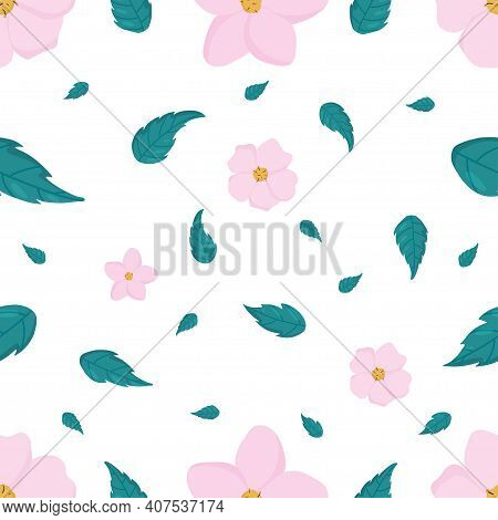 Cherry Sakura And Leaves Seamless Vector Pattern