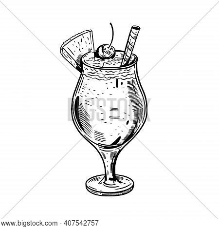 Hand Drawn Black Color Pino Colada Cocktail. Vintage Realistic Sketch.