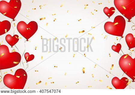 Realistic 3d Matt Red Flying Heart Balloons With Golden Ribbon And Falling Gold Colored Confetti, St