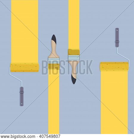 Brush Or Roller Painting Wall. Vector Illustration Handmade Tools Collection.
