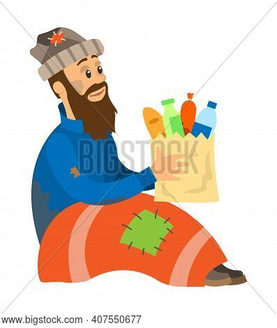 Homeless Man Sitting With Blanket, Vagrant Holding Package With Meal, Helping To Vagabond, Hunger Ch
