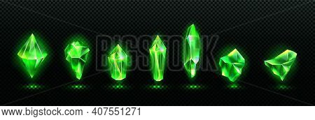 Precious Emerald Stones, Shiny Green Crystals Isolated On Transparent Background. Vector Realistic S
