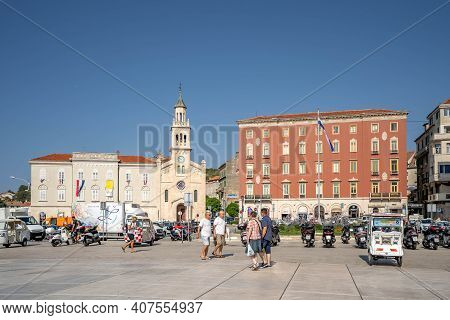 Split, Croatia - Aug 14, 2020: City Square Of Church And Monastery Of St. Frane