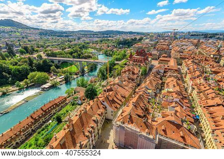 Aerial View Of Old Town With Medieval Architecture And Historical Buildings In Bern, Switzerland Fro