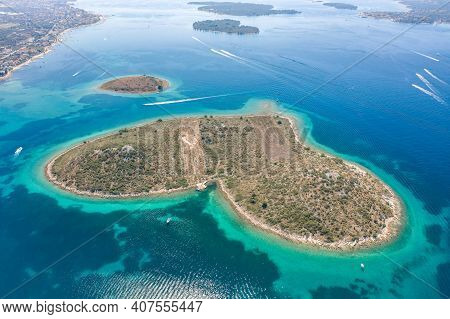 Aerial Drone Shot Of Heart-shaped Island Galesnjak In Dalamatia Croatia