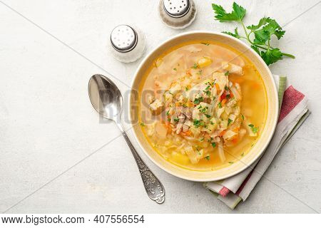 Traditional Russian Cabbage Soup Shchi On Concrete Background