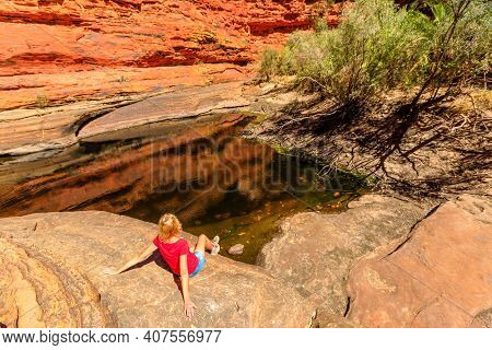 Permanent Waterhole In Garden Of Eden Reflecting Sandstone Walls Of Kings Canyon, Watarrka National 