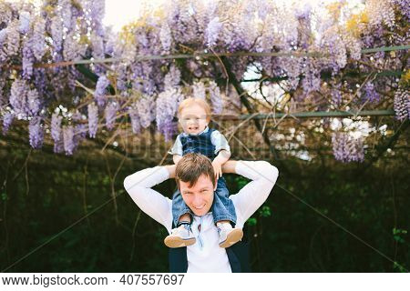 Baby Boy Is Sitting On His Dads Shoulders Under A Wysteria Tree