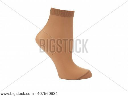 Beige Color Short Mini Socks Mockup For Design Isolated On White Background. Set Of Short Socks For 