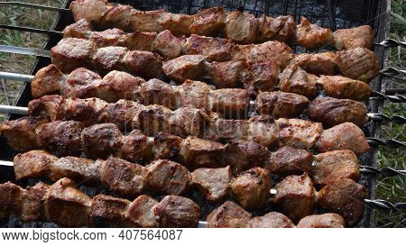 Barbecue Grilled Meat Pieces On Skewers At Charcoal Grill. Picnic Food Cooking Outdoor. Roasted Pork