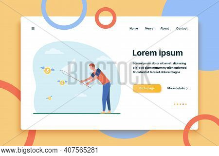 Man Catching Flying Money With Butterfly Net. Cash, Coin, Hunt Flat Vector Illustration. Finance, Mo