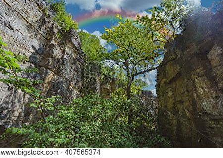 Rainbow In The Rocks In South Of Germany Near Hessigheim