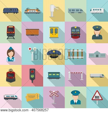Electric Train Driver Icons Set. Flat Set Of Electric Train Driver Vector Icons For Web Design