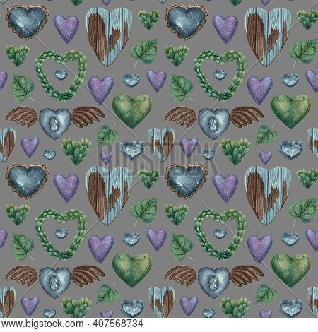 Love Seamless Pattern. Watercolor Green Blue Hearts