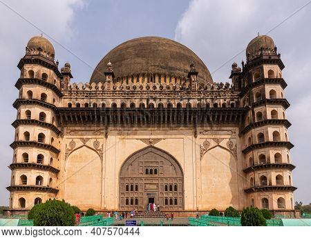 Vijayapura, Karnataka, India - November 8, 2013: Gol Gambaz Mausoleum. Frontal View On Complete Sout