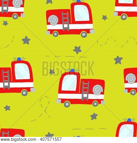 Vector Pattern With A Fire Truck For Children In Red And Stars On A Green Background. Seamless Illus