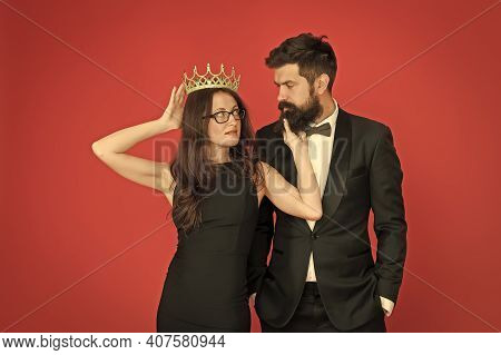 It Is Narcissism. Beauty Queen And Bearded Man. Egoistic Pride. Couple In Love Red Background. Pride