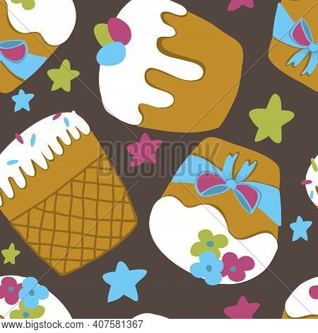 Vector Seamless Pattern With Cupcakes For The Easter Holiday. Used For Printing On Textiles And Wall