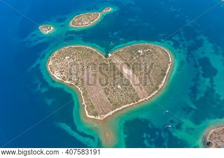 Aerial Drone Shot Of Heart-shaped Island Galesnjak In Dalamatia Croatia