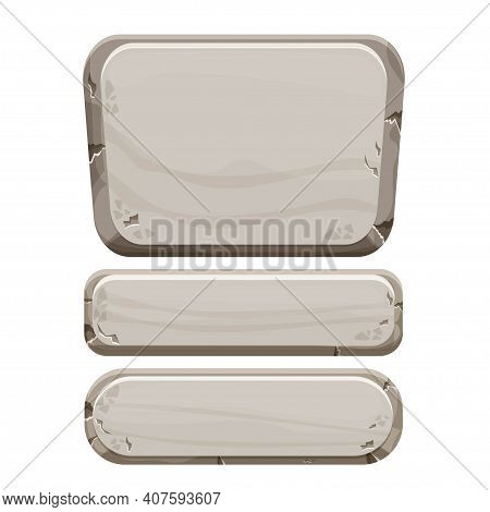 Set Cartoon Stone Tablet, Panel With Cracked Texture In Cartoon Style Isolated On White Background S