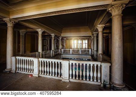 Old Abandoned Hall With Columns In Abkhazia, Georgia
