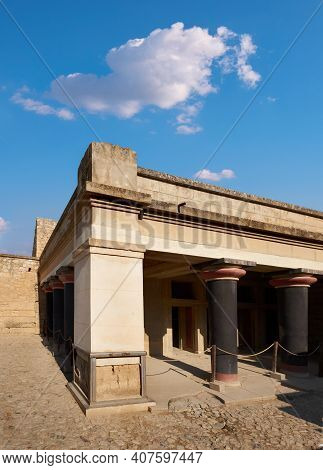Old Building In Temple Of Cnossos Or Knossos, Crete, Greece, Ruins Of Old Building With Blue Sky Beh