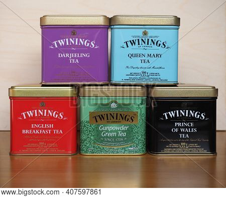 London, Uk - Circa February 2021: Boxes Of Twinings Loose Tea Including Darjeeling, Queen Mary, Engl