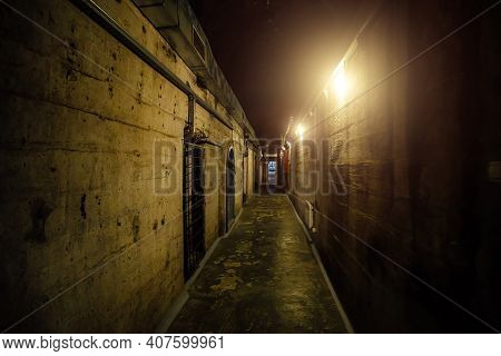 Dark Creepy Old Corridor Of Underground Bunker Or Prison
