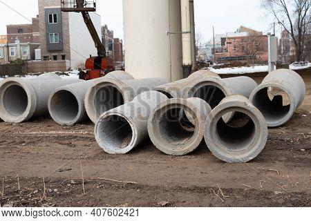 Concrete Drainage Pipe Construction Stacked At Roadsides For Industrial Building Ditty