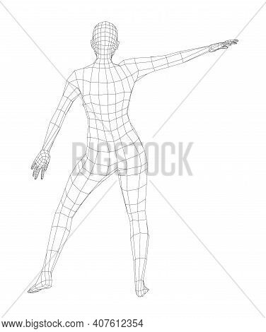 Wireframe Ballerina Or Dancer In Dance Pose. Vector 3d Rendering