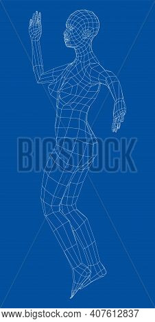 Wireframe Ballerina Or Dancer In Dance Pose. Female Dancing Salsa. Vector 3d Rendering
